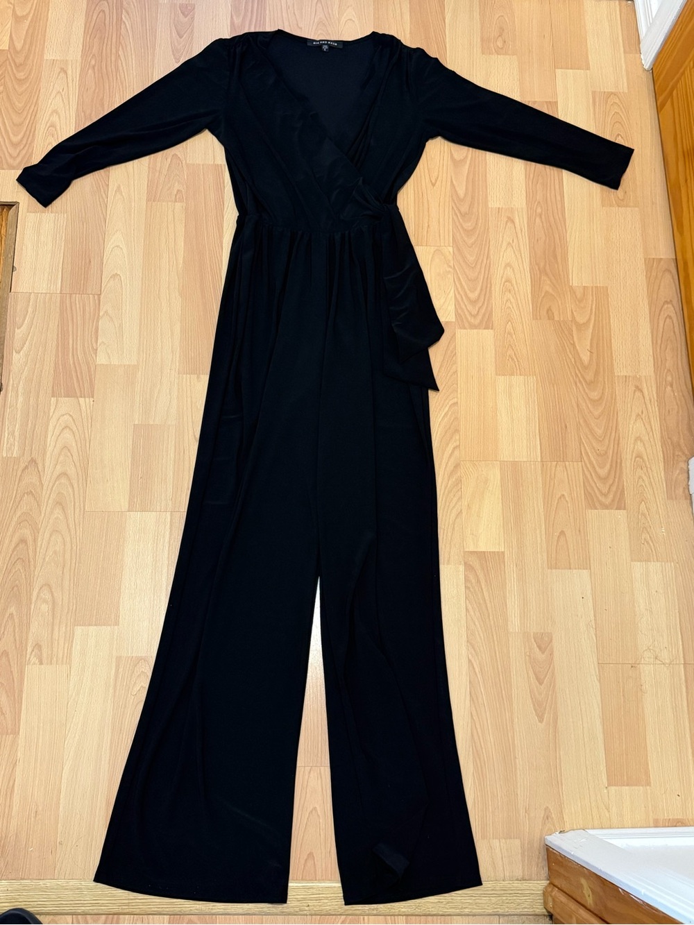 Black Wrap Front Long-Sleeve Jumpsuit with Waist Tie